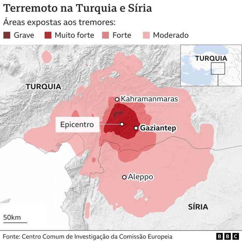 Mapa dos terremotos na Turquia e Sria