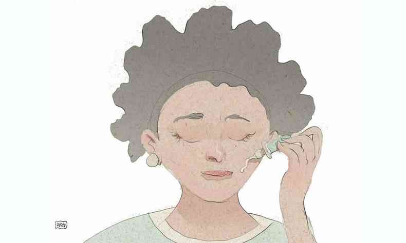 ilustrao mostra mulher aplicando cosmtico no rosto