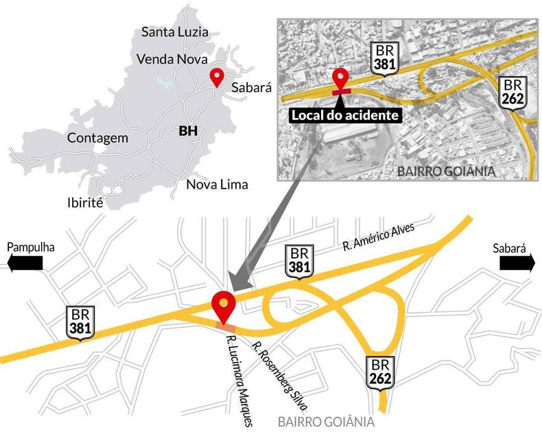 Mapa do local do acidente no Anel Rodoviário(foto: Soraia Piva/EM/D.A Press) Arte do local do acidente