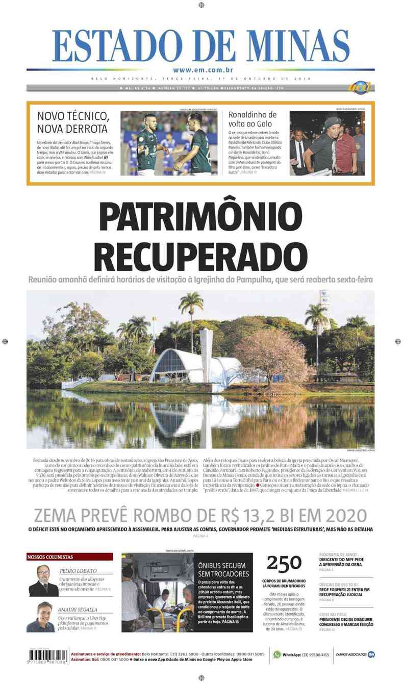 Confira a Capa do Jornal Estado de Minas do dia 01/10/2019(foto: Estado de Minas)