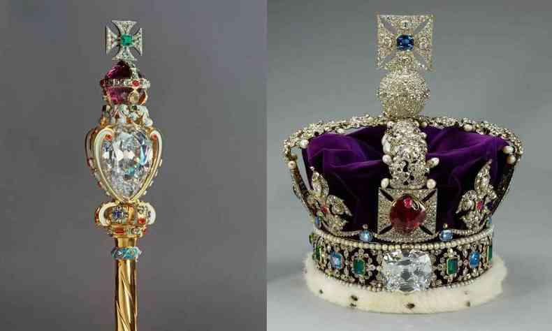 Montagem com imagens do cetro e da coroa britnica com as duas maiores gemas lapidadas do diamante Cullinan