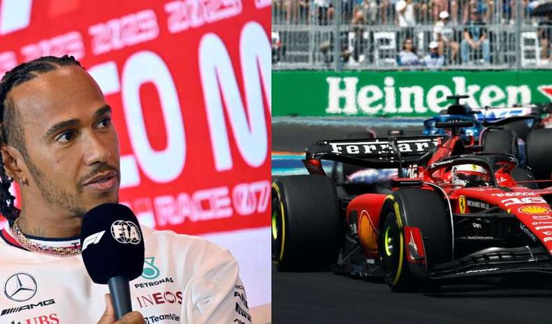Montagem do piloto Lewis Hamilton e um carro da Ferrari