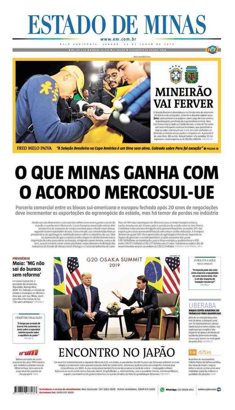 Confira a Capa do Jornal Estado de Minas do dia 29/06/2019(foto: Estado de Minas)