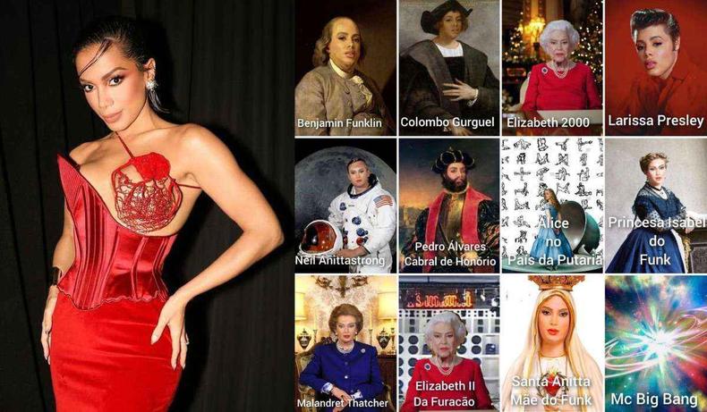 Montagem de fotos de Anitta e os memes dos codinomes 