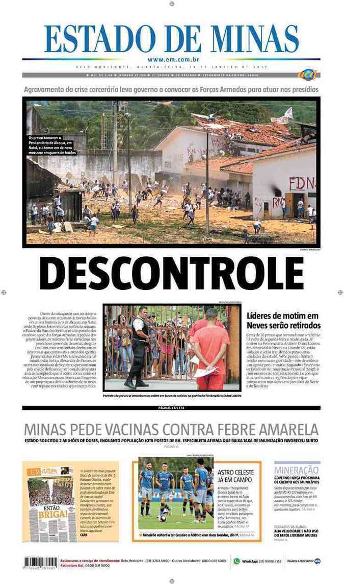 Confira a Capa do Jornal Estado de Minas do dia 18/01/2017