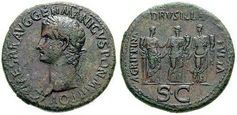 Calgula cunhou moeda com irms Agripina, Julia Drusilla e Julia Livilla retratadas no verso(foto: Reproduo/cngcoins.com)