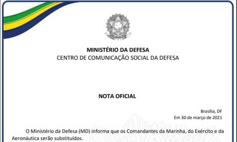 Confira nota oficial emitida pelo Ministrio da Defesa (clique no cone para ampliar a imagem)(foto: Reproduo)