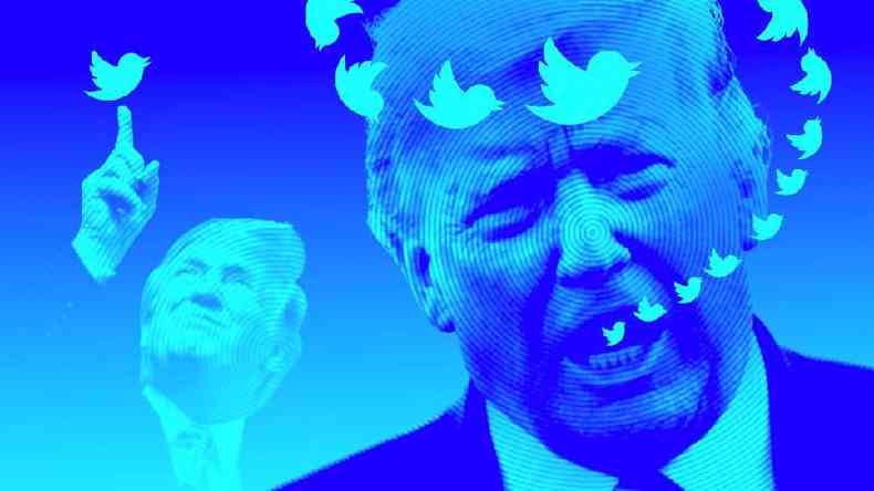 Montagem com fotografia de Trump falando e o smbolo do Twitter saindo de sua boca.