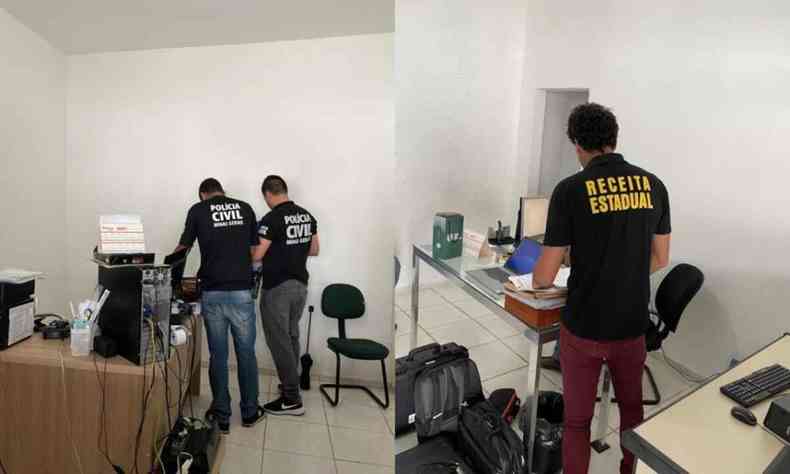 Policiais da Receita e da Polcia Civil olhando os documentos 