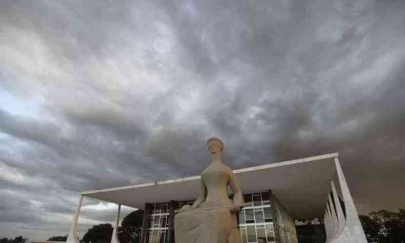 Esttua em frente ao Supremo Tribunal Federal (STF), em Braslia, tempo cinza 