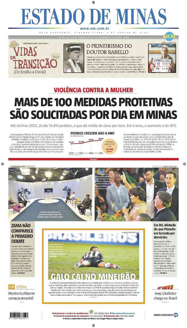 Confira a Capa do Jornal Estado de Minas do dia 08/08/2022