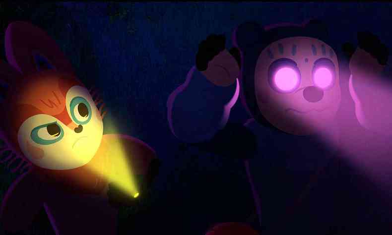 Dois animaizinhos com rostos coloridos esto sob o fundo escuro na animao Perlimps