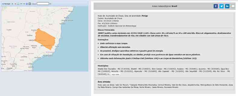 Clique na imagem para ver o alerta completo do Instituto Nacional de Meteorologia para Minas Gerais (foto: Reproduo da internet/Inmet)