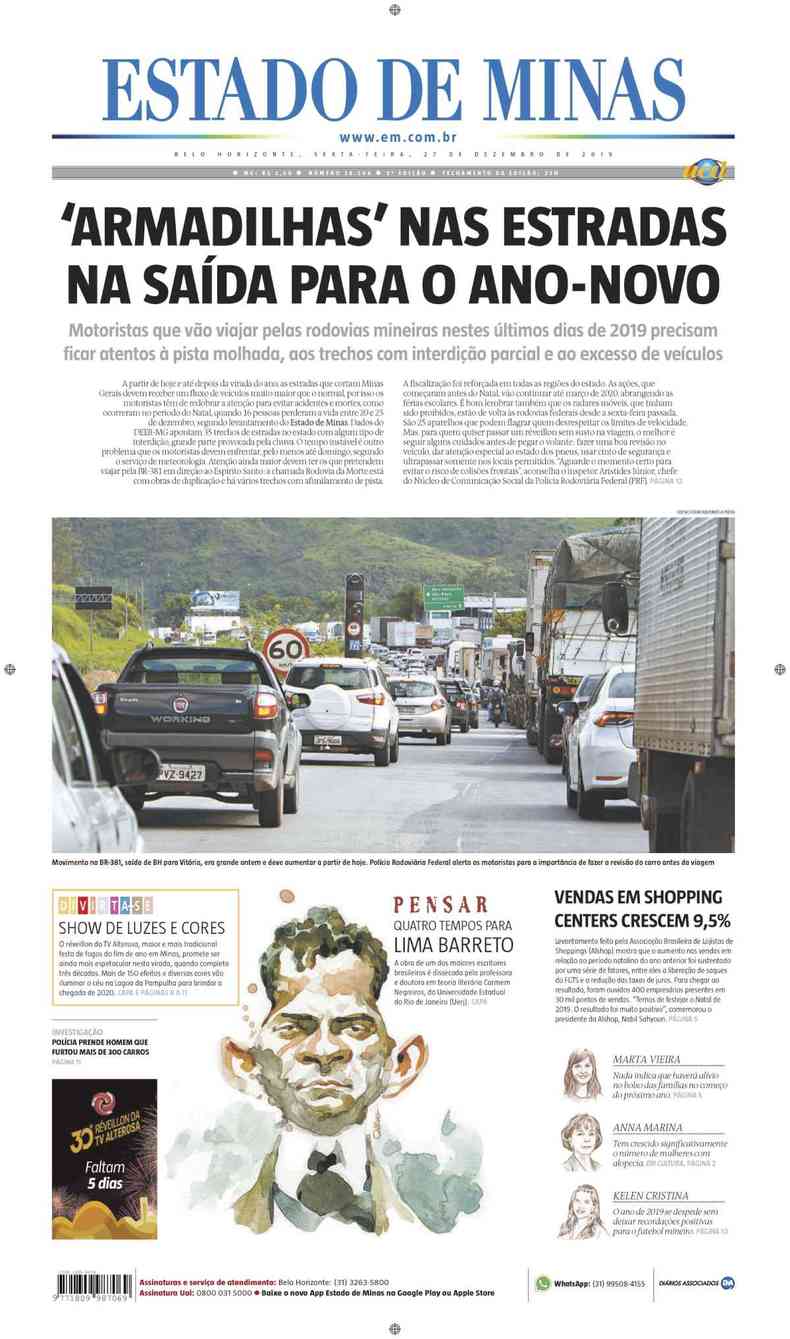 Confira a Capa do Jornal Estado de Minas do dia 27/12/2019(foto: Estado de Minas)