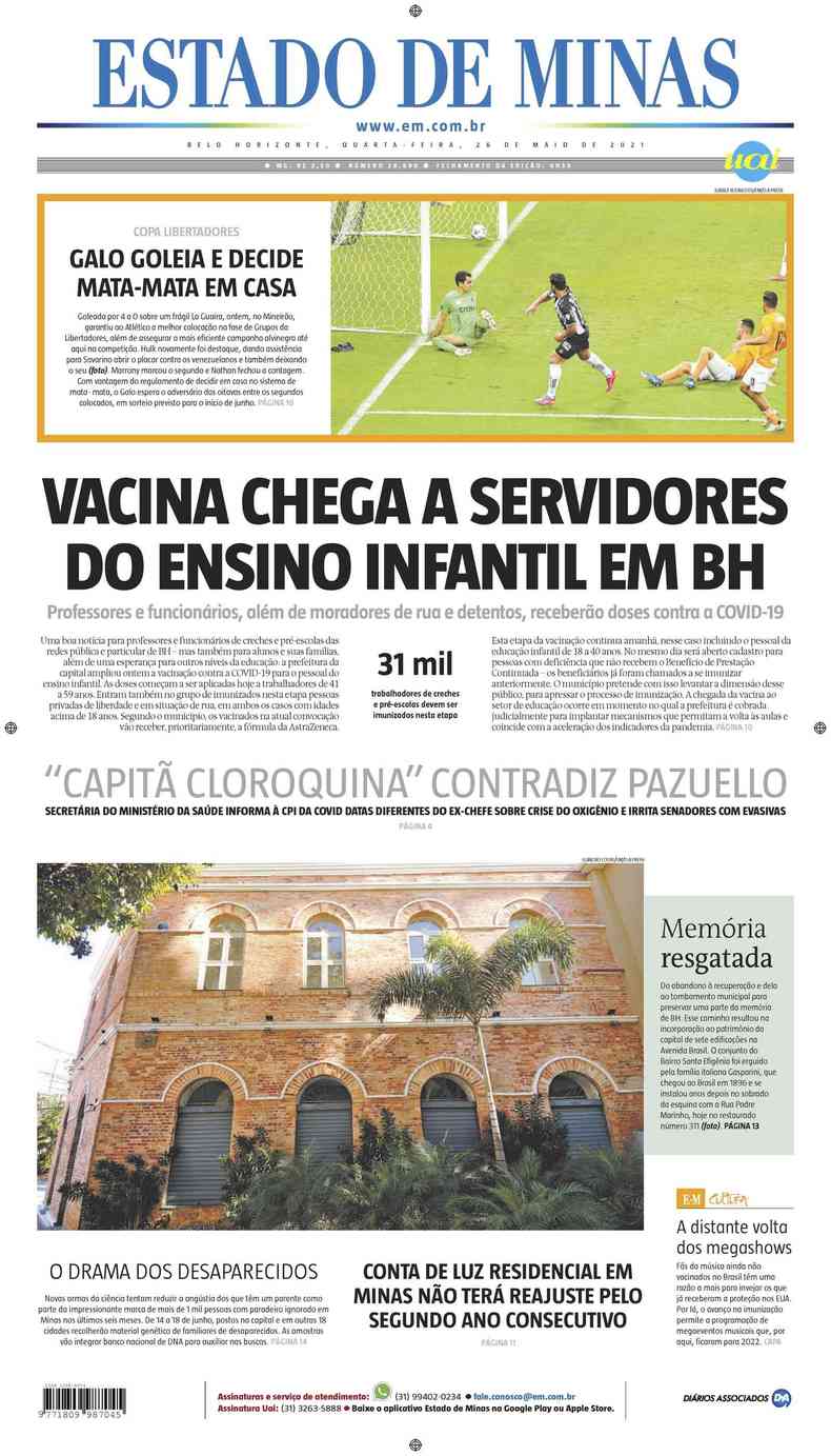 Confira a Capa do Jornal Estado de Minas do dia 26/05/2021(foto: Estado de Minas)