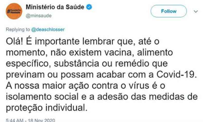 Resposta do Ministrio da Sade foi apagada posteriormente(foto: Reproduo/Twitter Ministrio da Sade @minsaude)