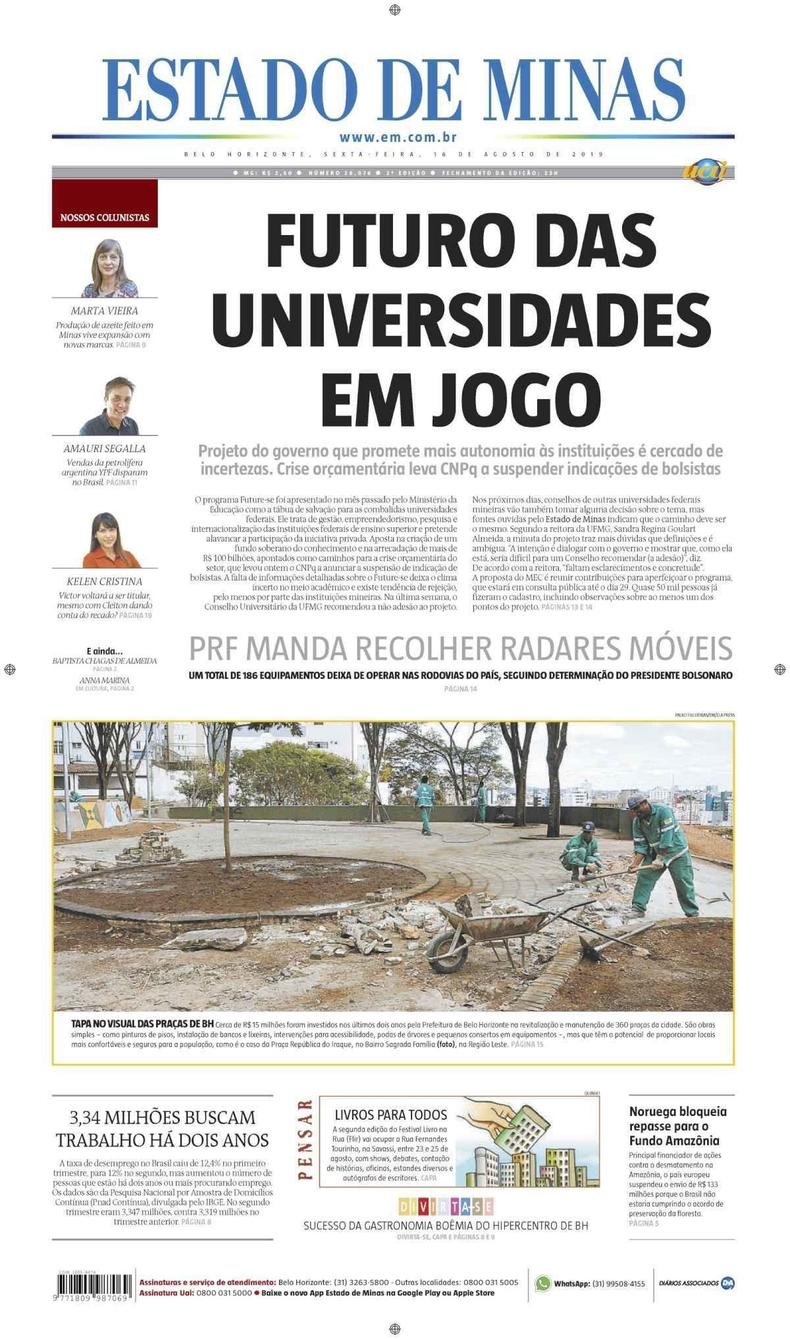 Confira a Capa do Jornal Estado de Minas do dia 16/08/2019(foto: Estado de Minas)