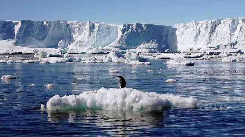 Um pinguim no topo de um bloco de gelo derretido perto da estao francesa em Dumont d'Urville, na Antrtida Oriental