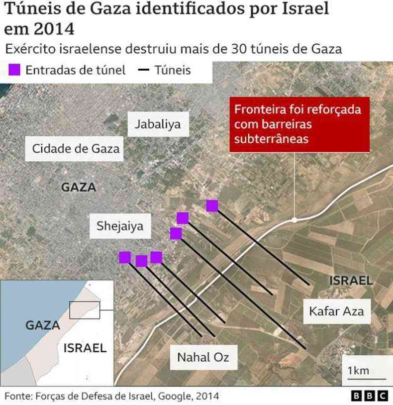 Foto de satlite mostra pontos dos tneis que teriam sido identificados por Israel