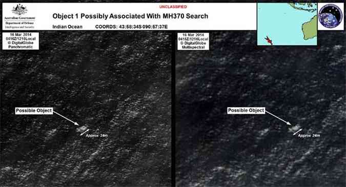 Imagem mostra o objeto que pode ser do avio da Malaysia Airlines desaparecido desde o dia 8 de maro(foto: AFP PHOTO / Australian Government's Department of Defence via the Australian Maritime Safety )