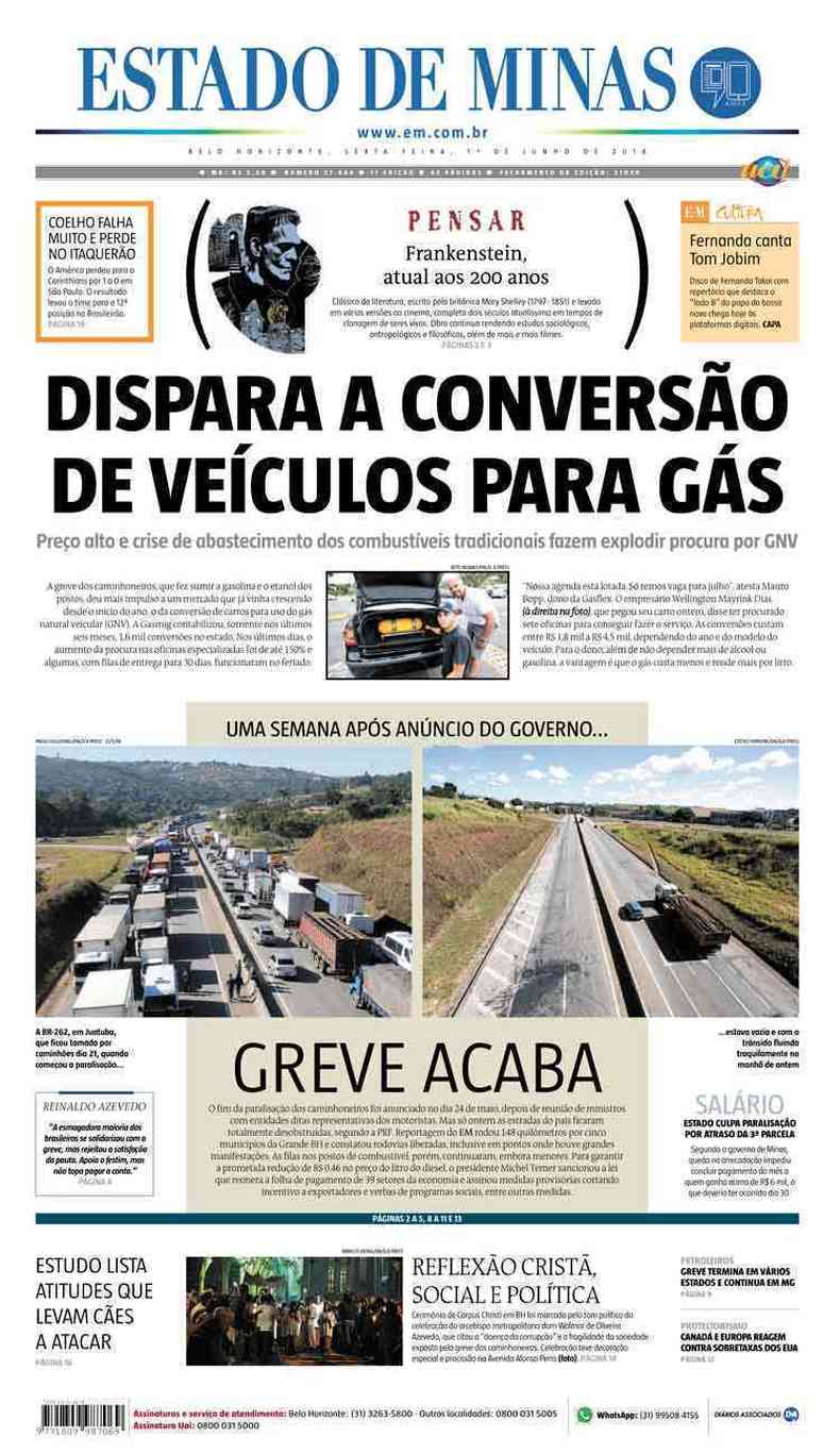 Confira a Capa do Jornal Estado de Minas do dia 01/06/2018