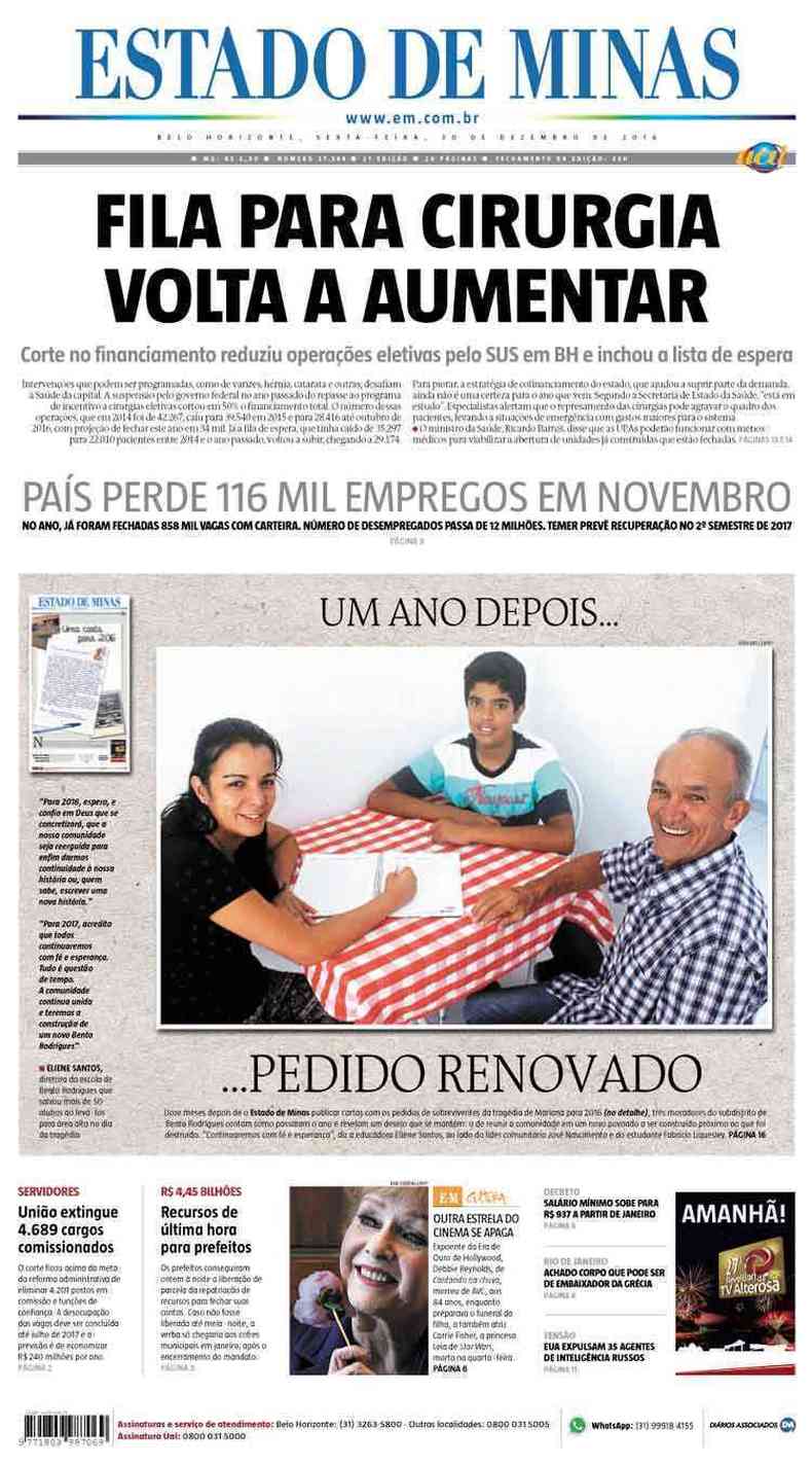 Confira a Capa do Jornal Estado de Minas do dia 30/12/2016