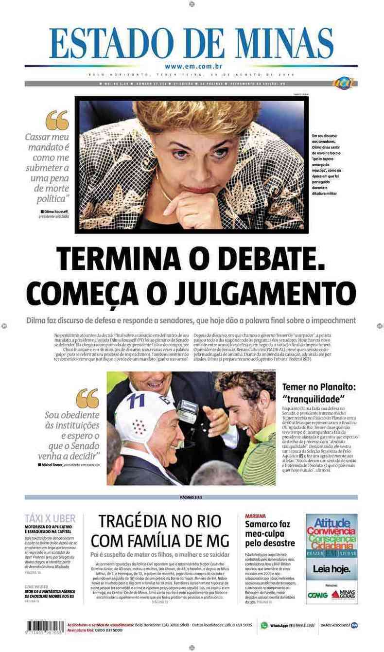 Confira a Capa do Jornal Estado de Minas do dia 30/08/2016