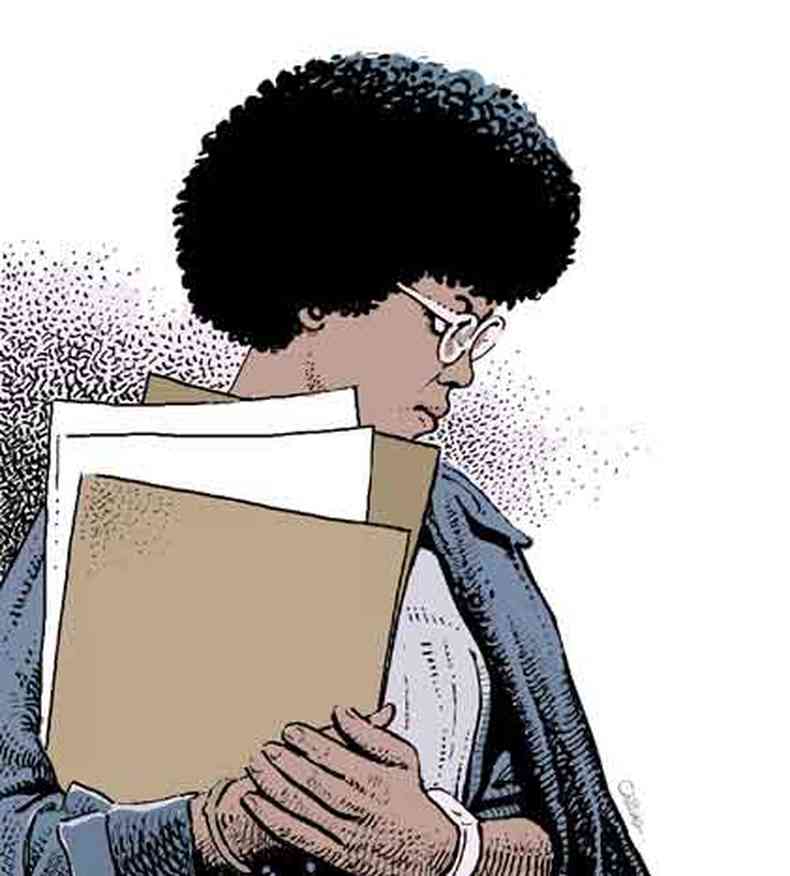 Caricatura de Assata Shakur carregando livros