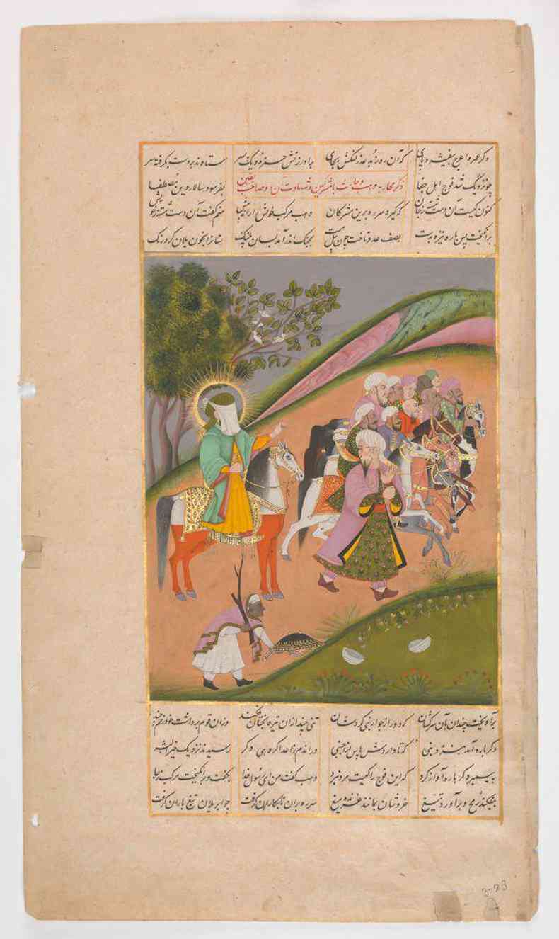 Muhammad e seus seguidores indo para a batalha, flio de um Hamla-yi Haidari, por volta de 1820. Artista desconhecido.