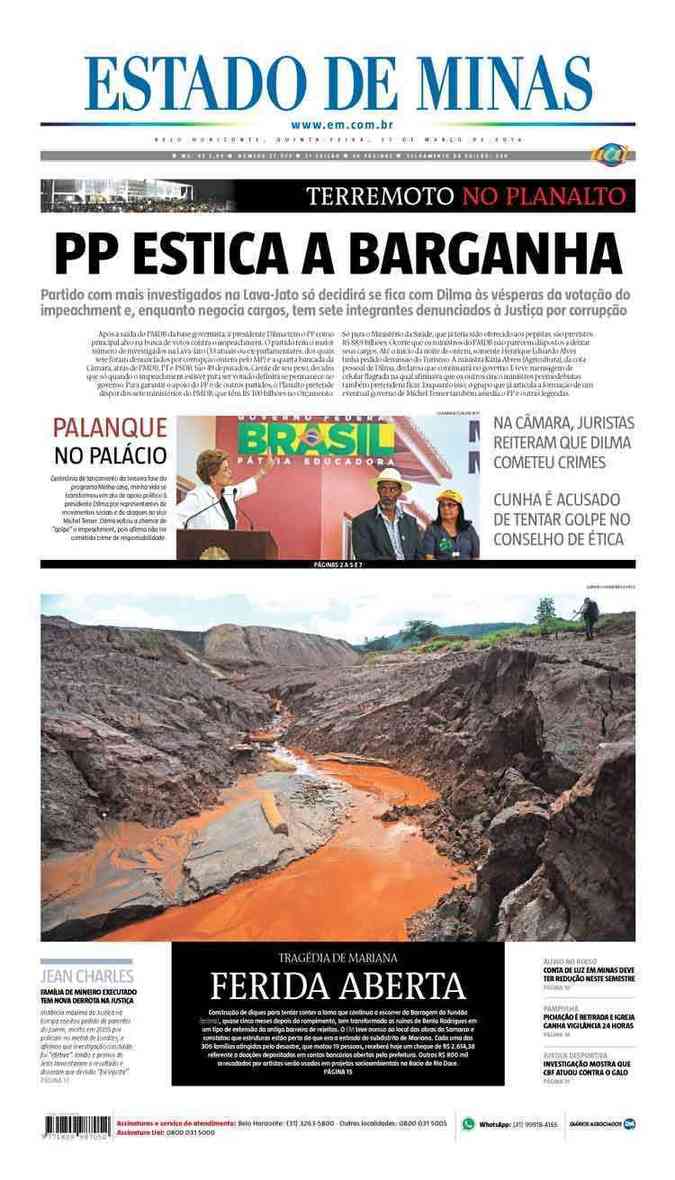 Confira a Capa do Jornal Estado de Minas do dia 31/03/2016