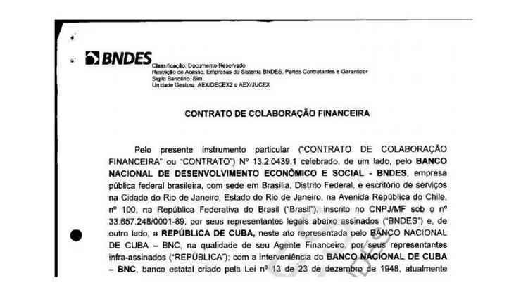 Reproduo da primeira pgina do contrato entre o BNDES e o governo de Cuba para construo do porto de Mariel, documento disponvel no site do banco