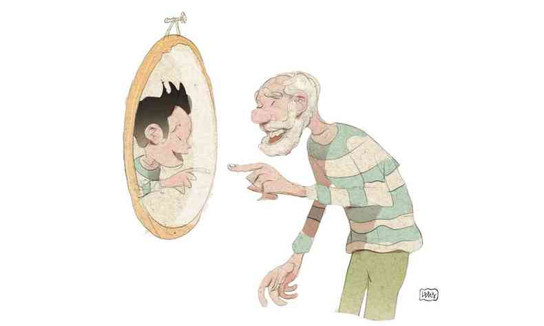 Pessoas mais velha se olhando jovem no espelho
