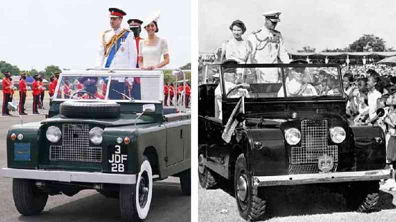  esquerda, o duque e a duquesa de Cambridge participando do desfile em um Land Rover; e,  direita, a rainha e o duque de Edimburgo, tambm em um Land Rover, em Kingston