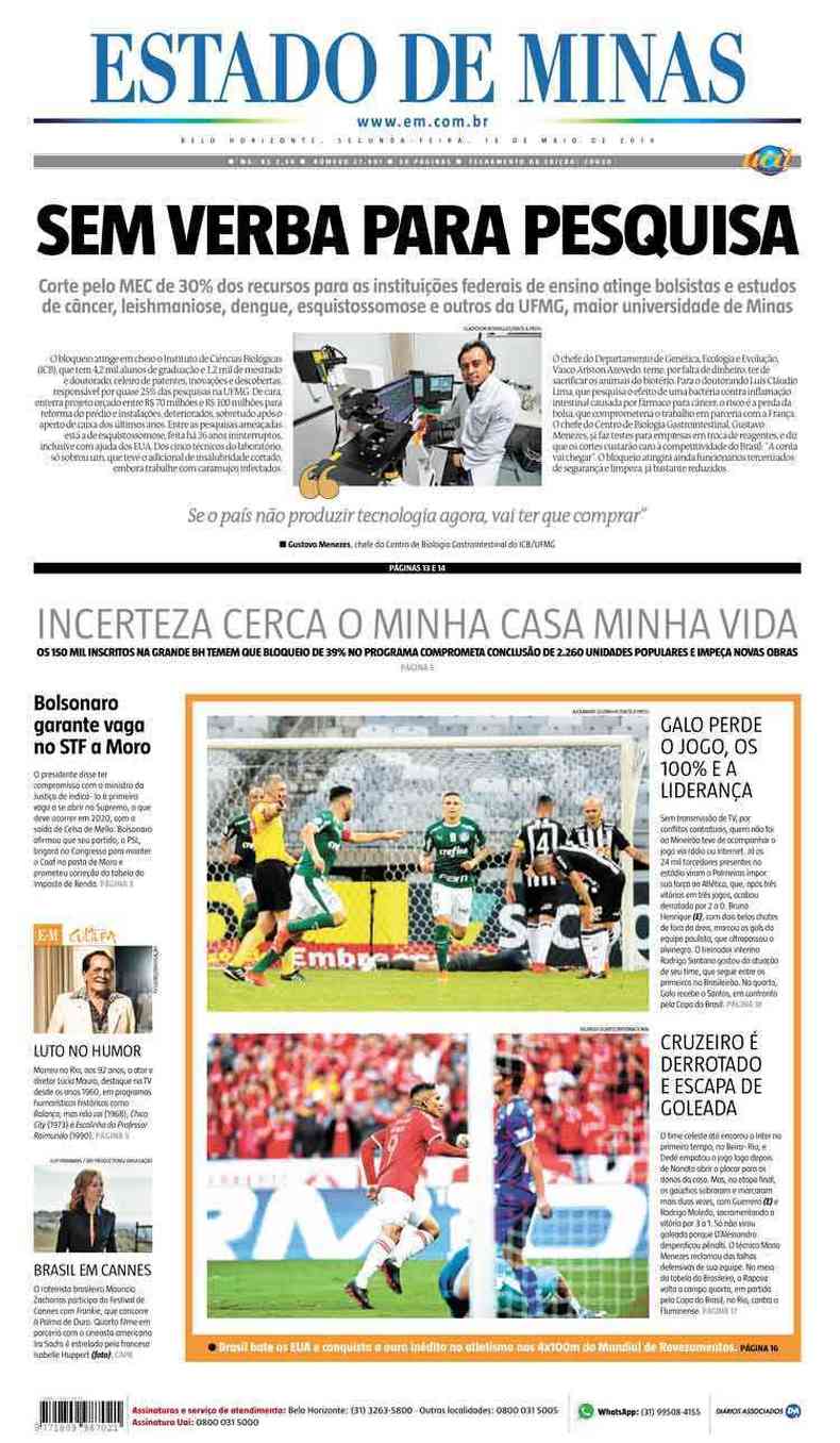 Confira a Capa do Jornal Estado de Minas do dia 13/05/2019(foto: Estado de Minas)
