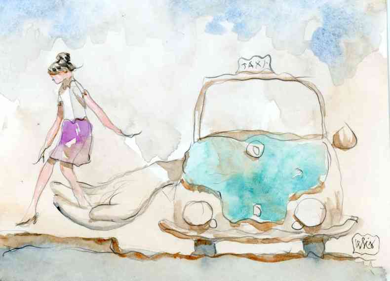 Ilustrao mostra mulher saindo de txi, sobre poa d'gua, com a ajuda de enorme mo que sai de dentro do carro