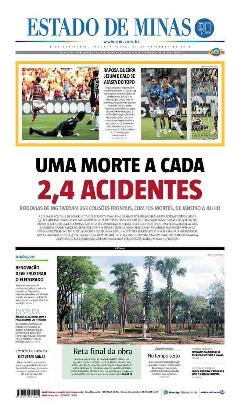Confira a Capa do Jornal Estado de Minas do dia 24/09/2018(foto: Estado de Minas)