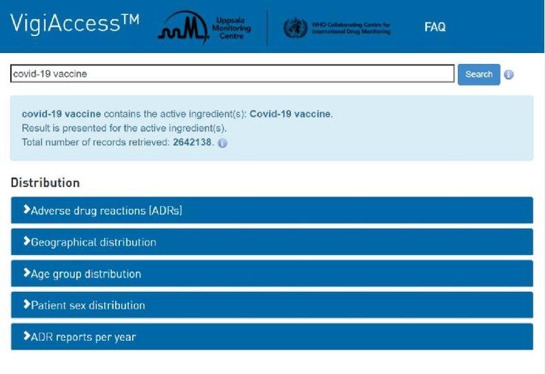 Captura de tela feita em 3 de dezembro de 2021 com os resultados de busca para o termo 'vacinas covid-19' em ingl�s no site VigiAccess