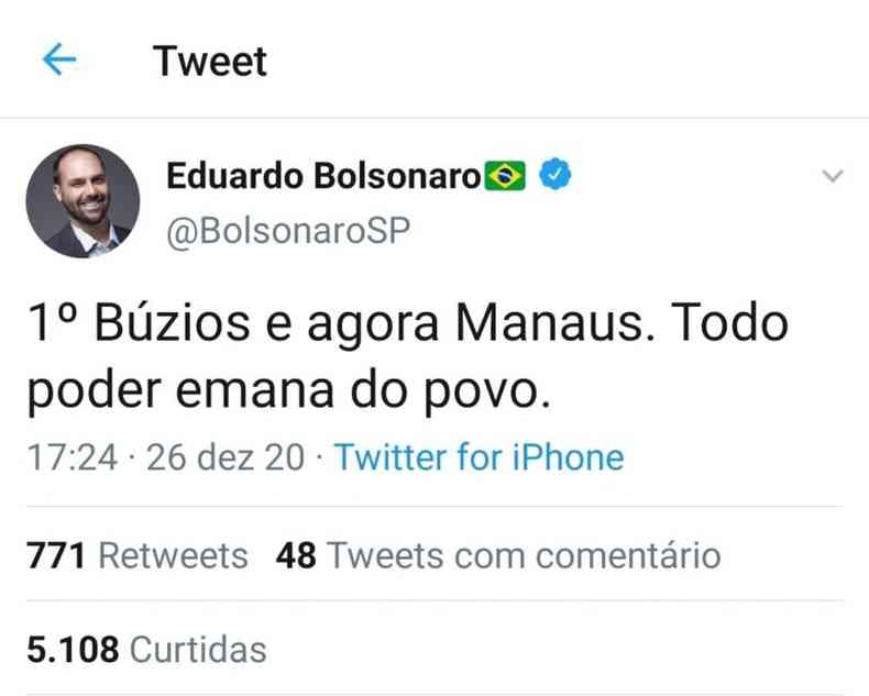 Eduardo Bolsonaro comemorou no Twitter as manifestaes contra as medidas restritivas em Manaus(foto: Twitter/Reproduo)