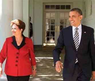 Na Casa Branca, a presidente Dilma ao lado do anfitrio, Barack Obama: encontro marcado por quebra de protocolo nos discursos dos dois lderes(foto: Ricardo Stuckert Filho/PR)