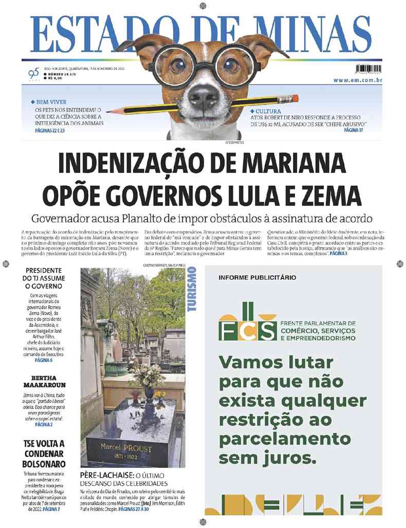 Confira a Capa do Jornal Estado de Minas do dia 01/11/2023