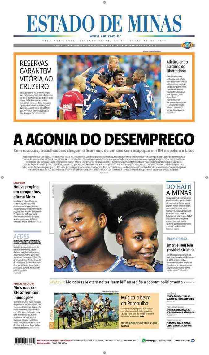 Confira a Capa do Jornal Estado de Minas do dia 15/02/2016