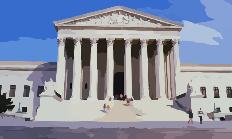 Desenho em formato tipo aquarela da fachada do prdio da suprema corte dos Estados Unidos, com p direito alto e oito colunas diante de uma escadaria
