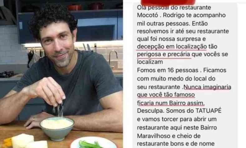 Print de falas preconceituosas no instagram de famoso chef de so paulo Rodrigo Oliveira, ao lado da foto dele 