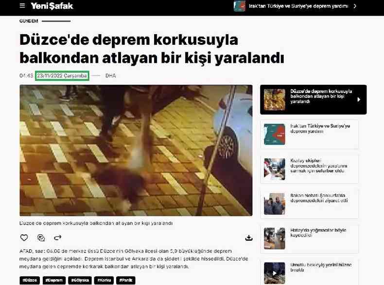 Captura de tela feita em 6 de fevereiro de 2023 de uma matria do jornal turco Yeni %u015Eafak
