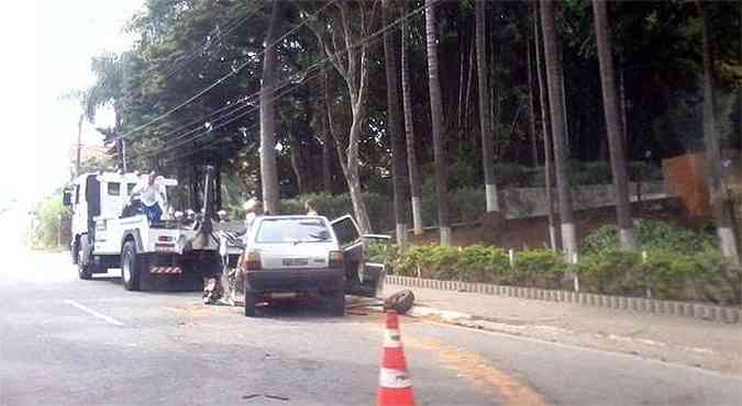 Carro ficou completamente destrudo ao bater na rvore s margens da pista(foto: Luana Cruz/EM/D.A.Press)