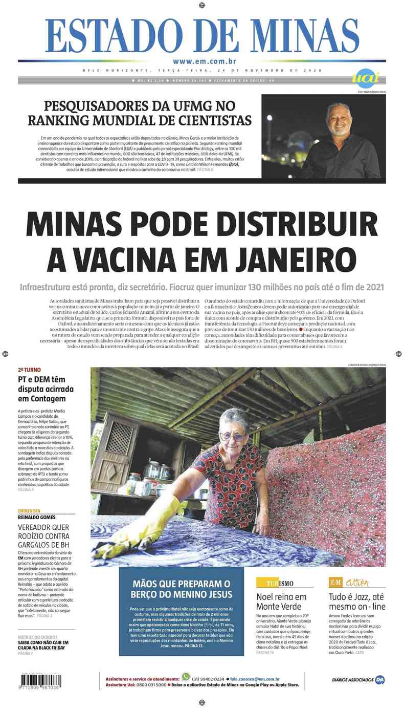 Confira a Capa do Jornal Estado de Minas do dia 24/11/2020(foto: Estado de Minas)