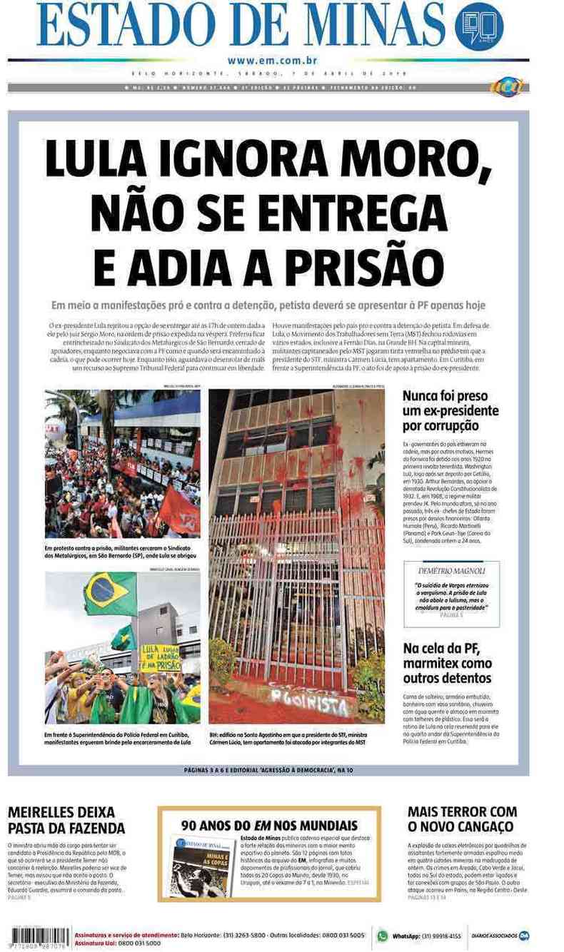 Confira a Capa do Jornal Estado de Minas do dia 07/04/2018