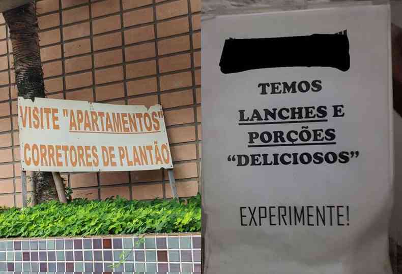 Cartazes de venda de apartamento e lanches 