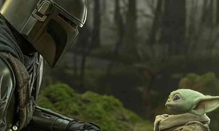 Personagens Din Djarin e Baby Yoda em cena da srie The Mandalorian
