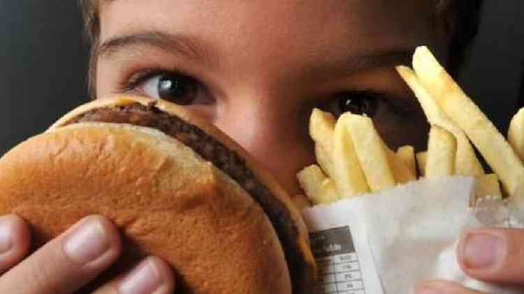 Foto mostra menino segurando um hambrguer e um pacote de batatas fritas